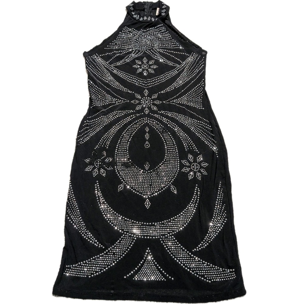 SJL Apperal Black Sleeveless No‎ Size Tag Halter Sheath Dress Embellished Gem